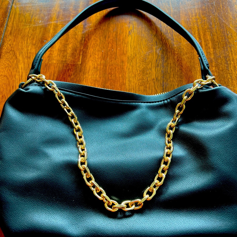 Mango Black pleather purse with gold chain